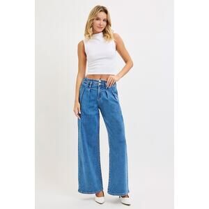 RISEN 90s Style Pleated Wide Leg MId Rise Jeans NEW Retro